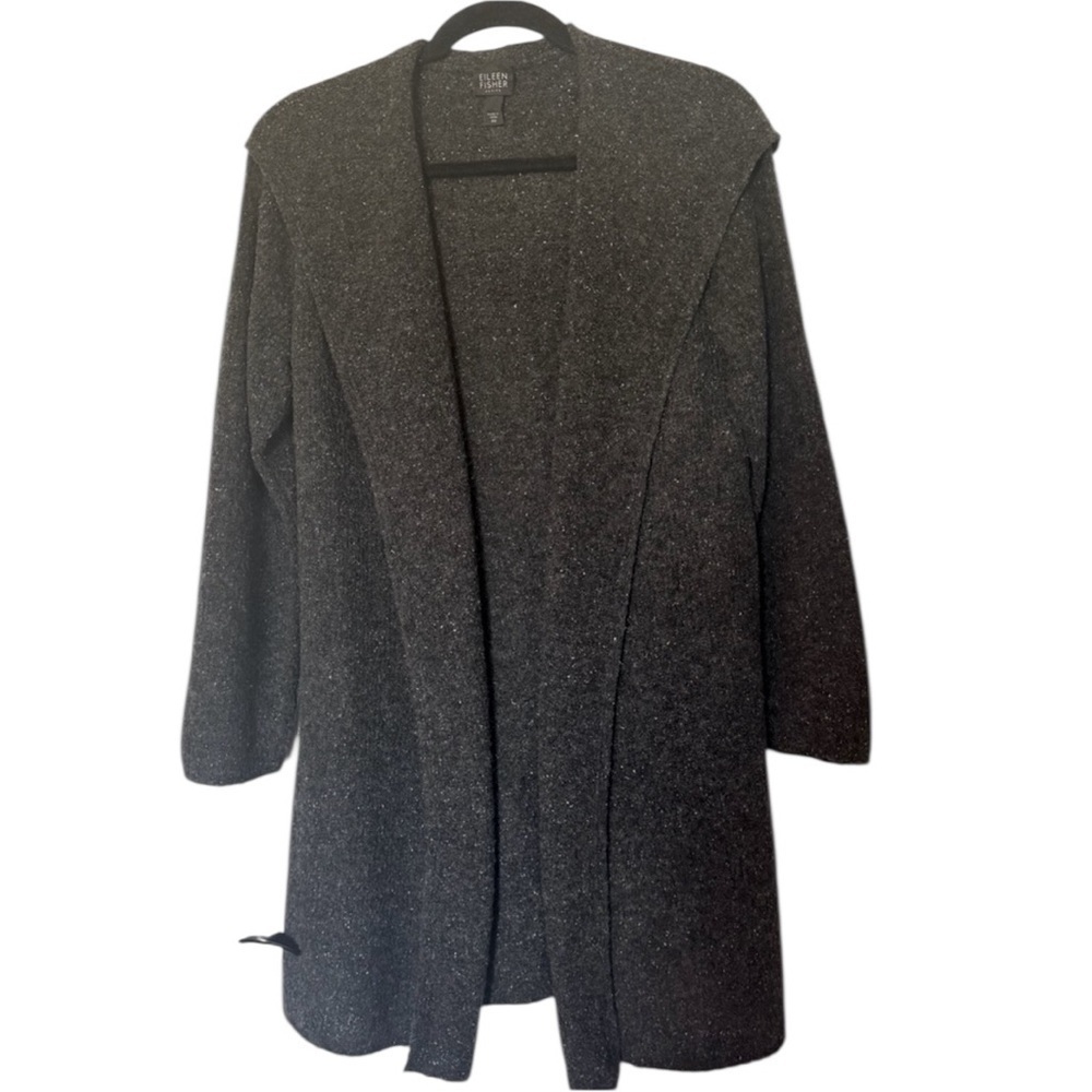Eileen Fisher Charcoal Wool Silk Blend Open Front Size Petite Medium Cardigan